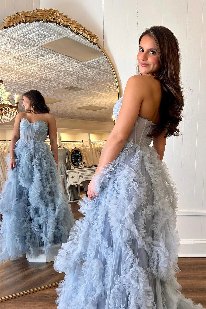 Formal Wear Dresses/Blue Strapless Ruffle Tulle A-Line Long Prom Dresses with Slit/Prom Dress Shop